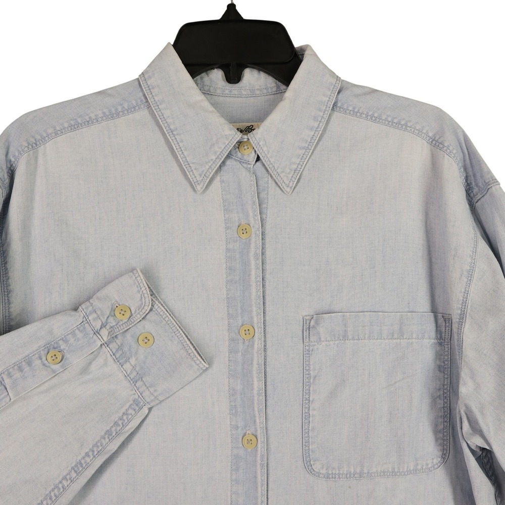 Vintage 90s Eddie Bauer Chambray Shirt Women M Cotton Light Wash Denim Button Up